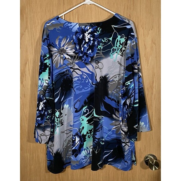 Ulla Popken Top Women's Plus Sz 24/26 Blue Abstract Artsy Stretch Button Down - Picture 2 of 8